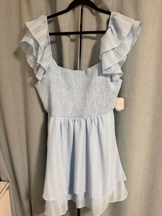 Altar'd State Dresses & Skirts - Altar’d State Light Blue Ruffled Sleeve Smocked Mini Dress, tie back -  XL